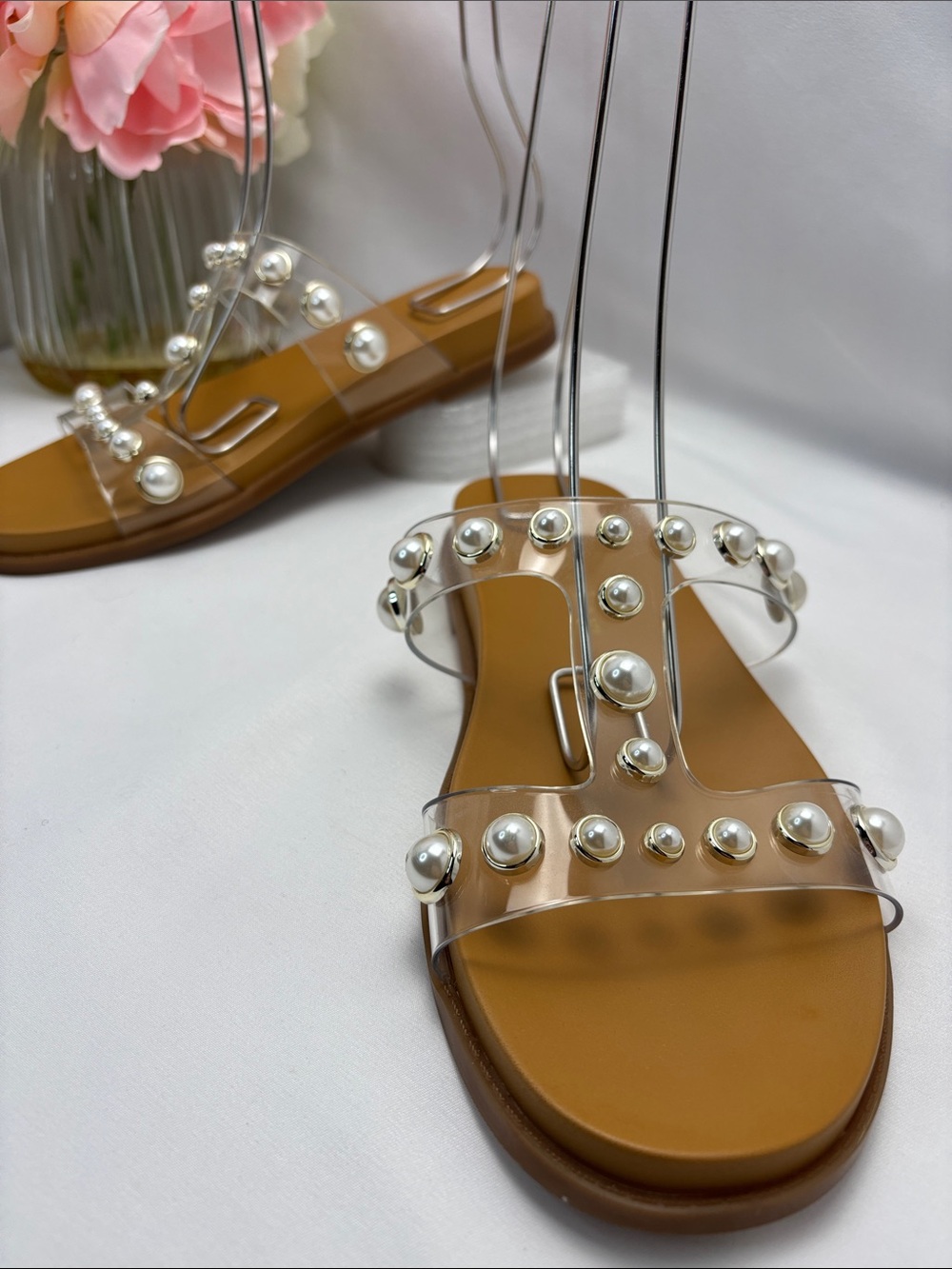 Copper Key Women’s 7.5 Pearl-Studded Clear Strap Sandals - Tan #358